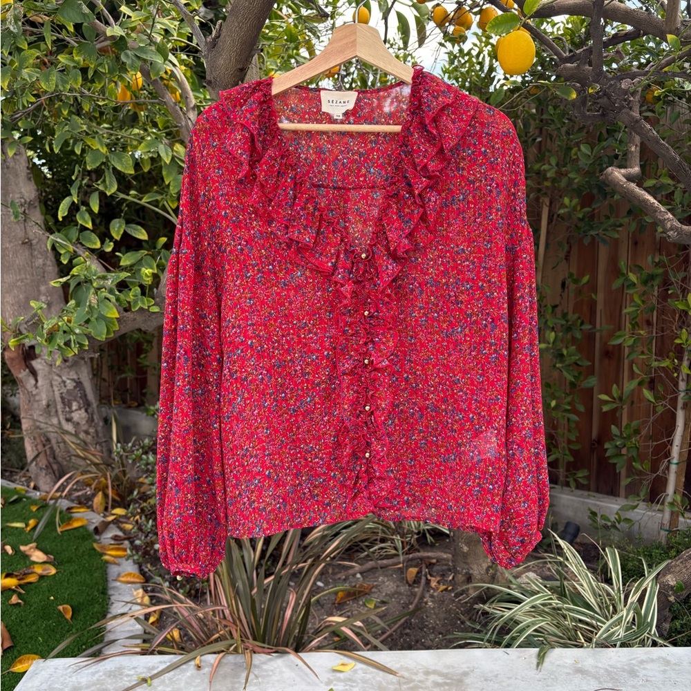 Sezane Vibrant Red Ruffle neck Floral Blouse